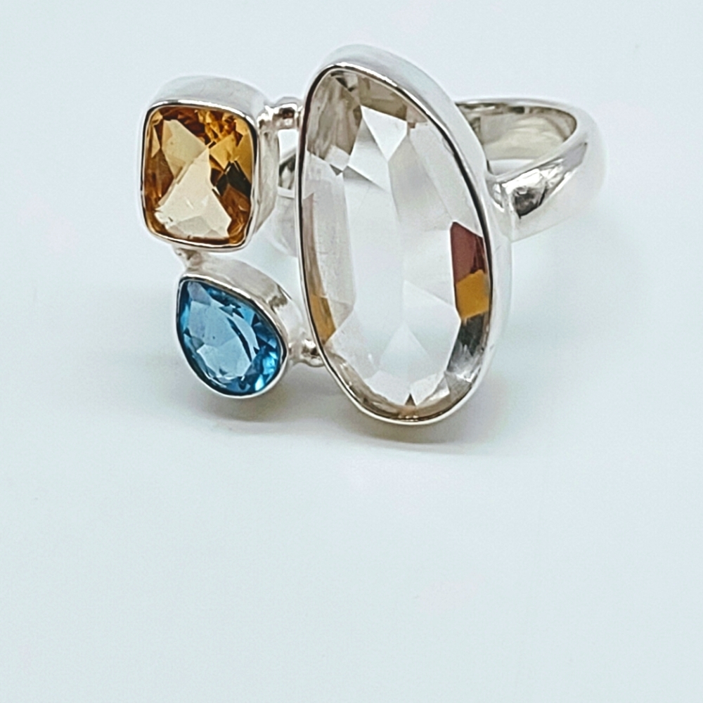 Sterling Silver Quartz Citrine Blue Topaz Statement Ring